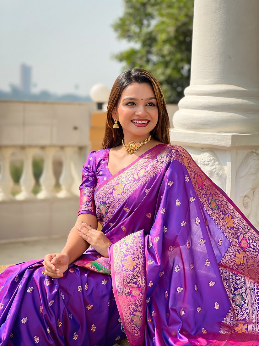 Violet Soft Banarasi Silk Meenakari Weaving Saree With Unstitched Blouse