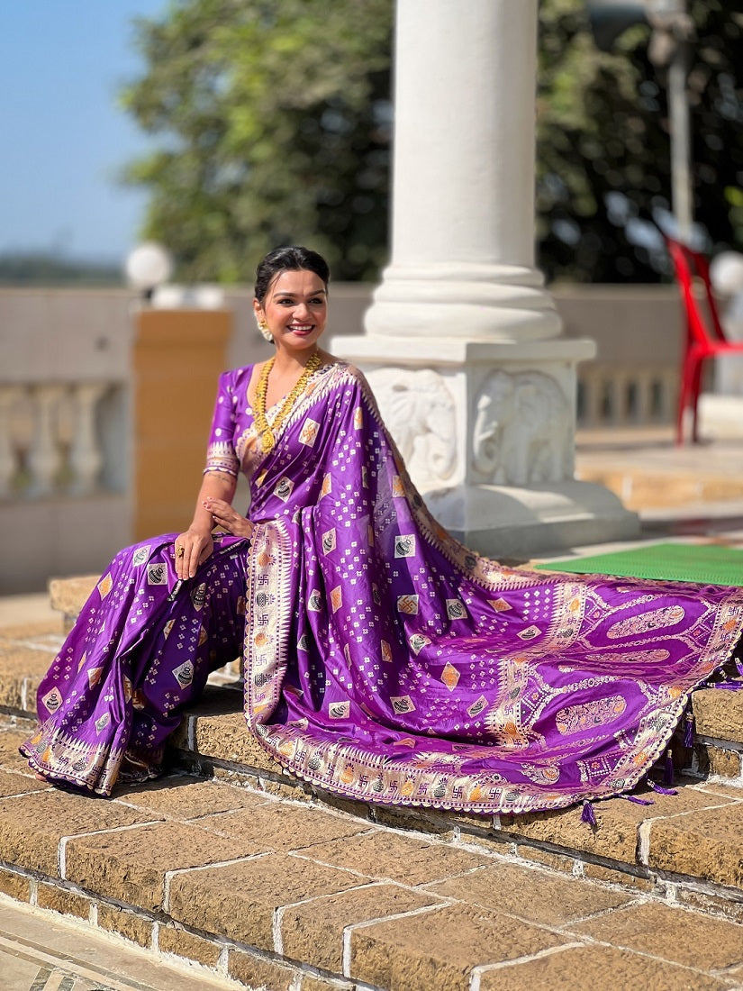 Violet Soft Dolla Silk Meenakari Weaving Saree With Unstitched Blouse