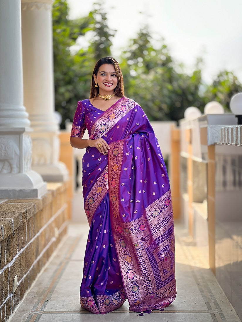 Violet Soft Banarasi Silk Meenakari Weaving Saree With Unstitched Blouse