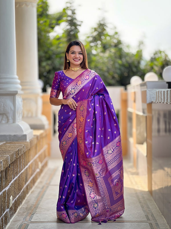 Violet Soft Banarasi Silk Meenakari Weaving Saree With Unstitched Blouse