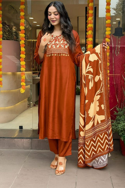 Rust Color Cotton Fabric Designer Partywear Salwar Kameez