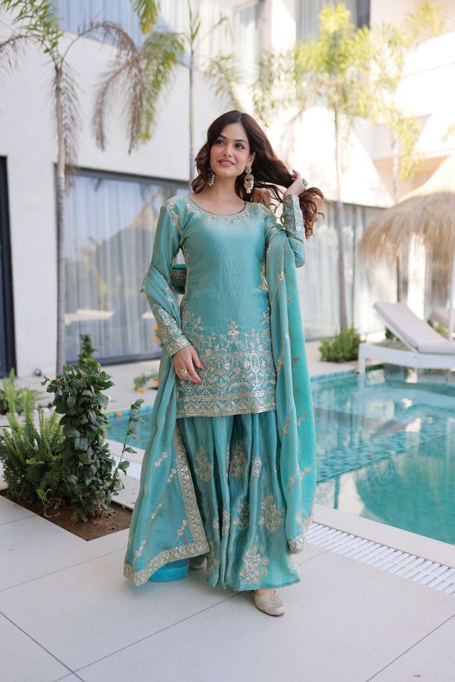 Sea Green Color Fendy Crush Fabric Classy Sequins Embroidered Partywear Readymade Suit With Dupatta