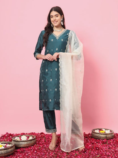 Green Color Silk Blended Ethnic Partywear Ceremonial Suit