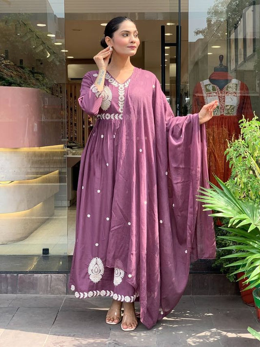 PurpleColor P V Chanderi Fabric Designer Embroiderd Stitched Suit