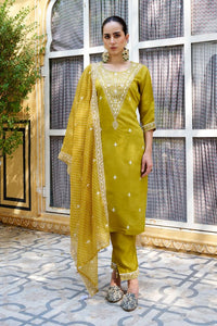 Mustard Color Silk Blend Fabric Beautiful Embroidered Kurta Set With Dupatta