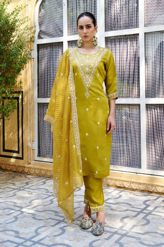 Mustard Color Silk Blend Fabric Beautiful Embroidered Kurta Set With Dupatta