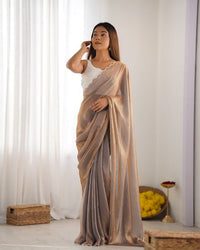 Chiku Color Beautiful Bollywood Style Ceremonial Saree With Beeds Work Blouse