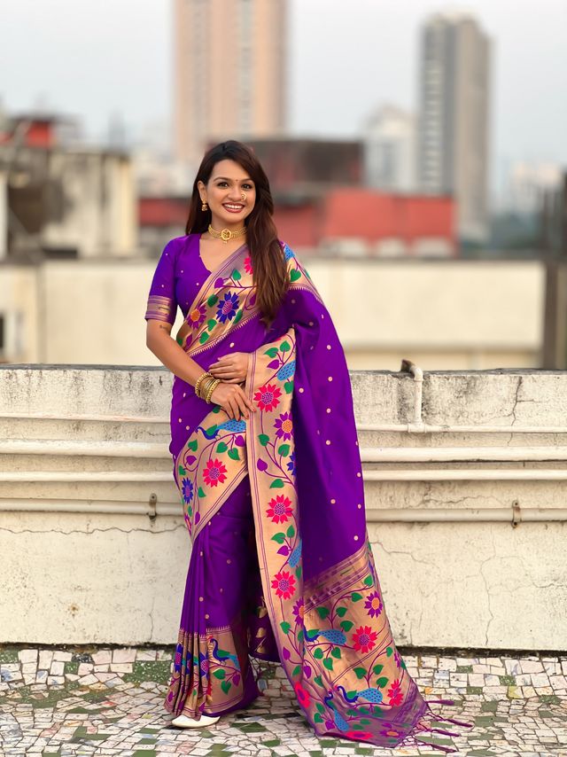 Lavender Color Paithani Silk Fabric Woven Designer Partywear Saree