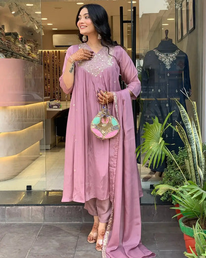 Women's Beautiful Chinon Fabric Embroidery Work Flared Kurta Pant and Dupatta Set