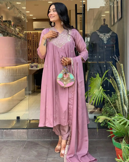 Women's Beautiful Chinon Fabric Embroidery Work Flared Kurta Pant and Dupatta Set