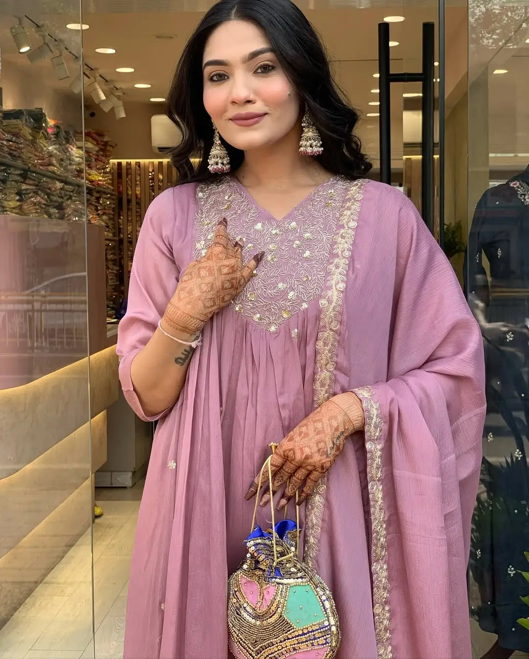 Women's Beautiful Chinon Fabric Embroidery Work Flared Kurta Pant and Dupatta Set