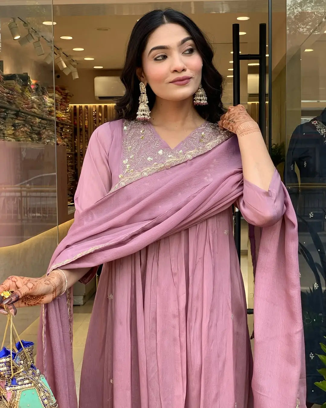 Women's Beautiful Chinon Fabric Embroidery Work Flared Kurta Pant and Dupatta Set