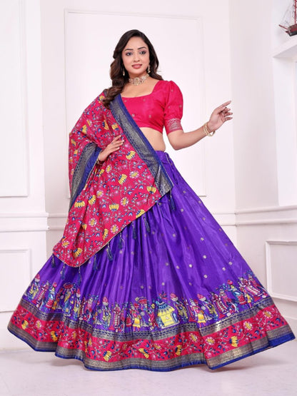 Violet patola print dola silk semi stitched lehenga choli with tassels