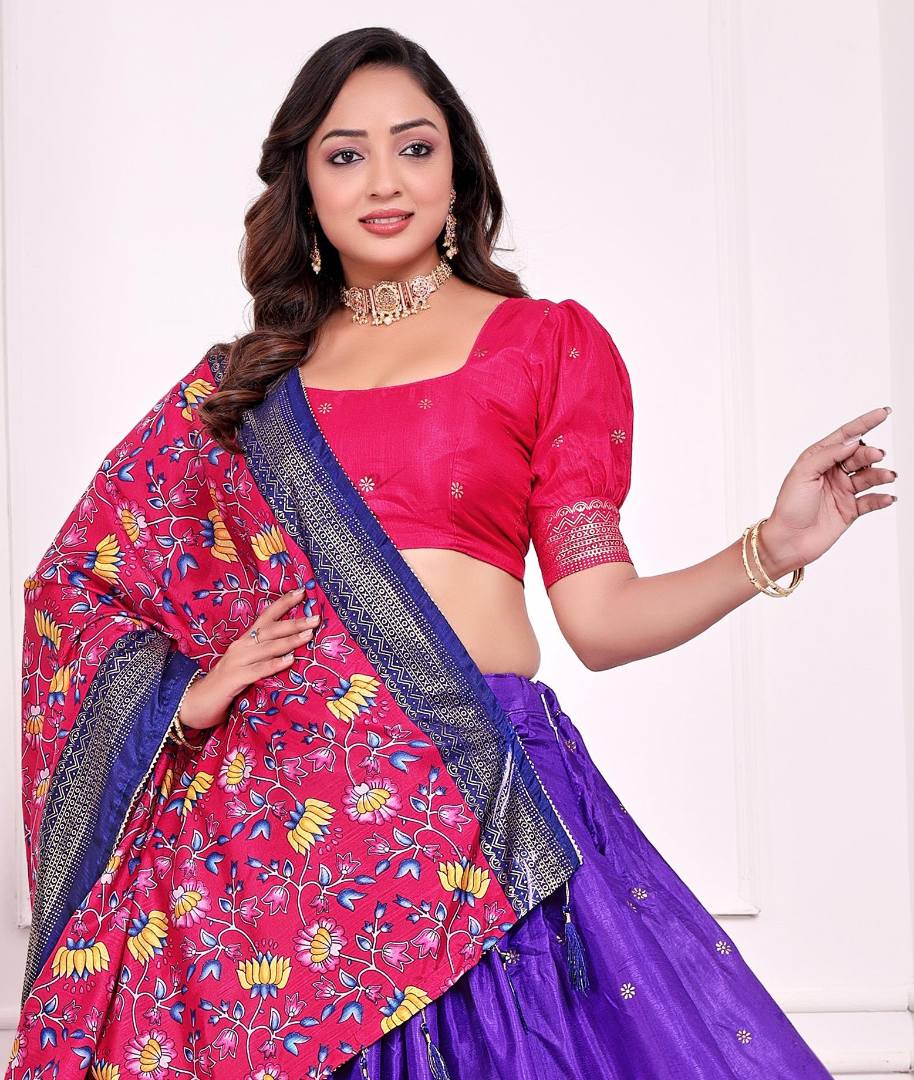 Violet patola print dola silk semi stitched lehenga choli with tassels