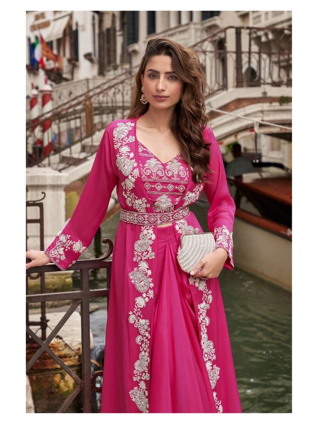Pink Chinon Silk Indowestern Crop Top, Skirt And Shrug Set Free Size Full Stitched Upto 42