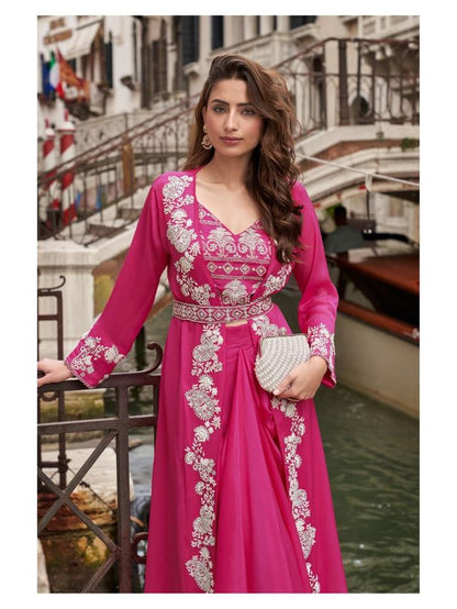 Pink Chinon Silk Indowestern Crop Top, Skirt And Shrug Set Free Size Full Stitched Upto 42