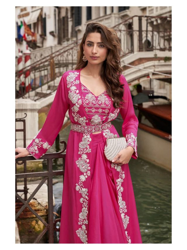 Pink Chinon Silk Indowestern Crop Top, Skirt And Shrug Set Free Size Full Stitched Upto 42