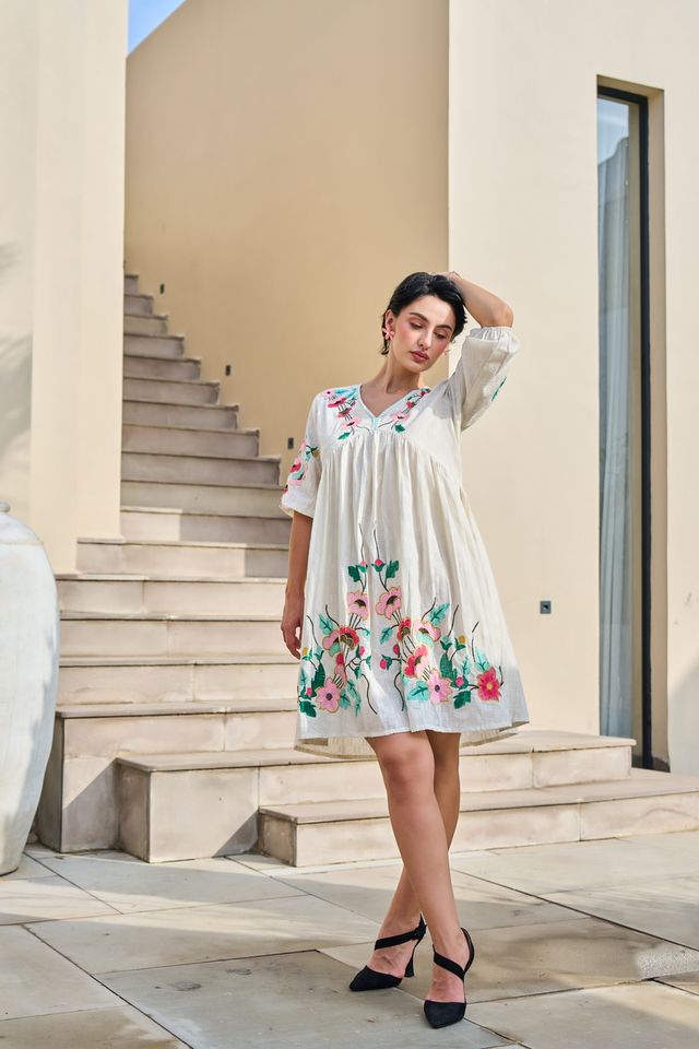 White Color Beautiful Designer Embroidery Work Cotton Fabric Tunic