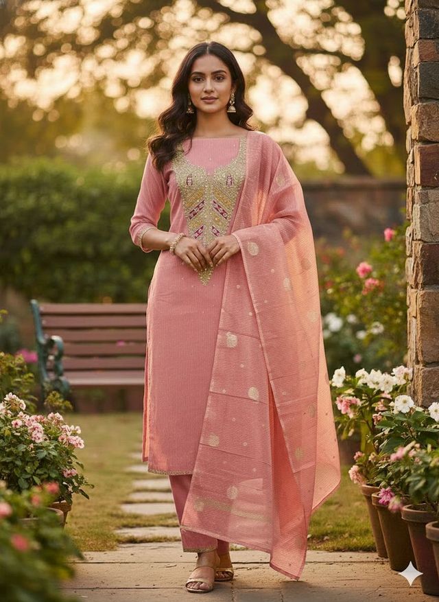 Peach Color Kasha Simmer Fabric Designer Embroidered Partywear Salwar Kameez