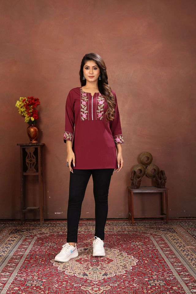 Wine Color Rinkal Cotton Fabric Formal Looking Casual Short Kurta