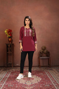 Wine Color Rinkal Cotton Fabric Formal Looking Casual Short Kurta