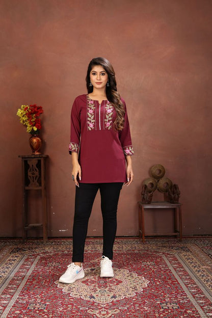 Wine Color Rinkal Cotton Fabric Formal Looking Casual Short Kurta