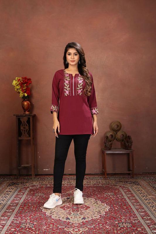 Wine Color Rinkal Cotton Fabric Formal Looking Casual Short Kurta