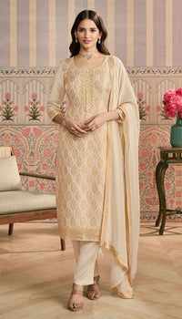 Cream Color Viscose Jacquard Fabric Woven Designer Partywear Salwar Kameez