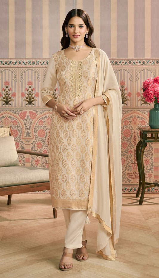 Cream Color Viscose Jacquard Fabric Woven Designer Partywear Salwar Kameez