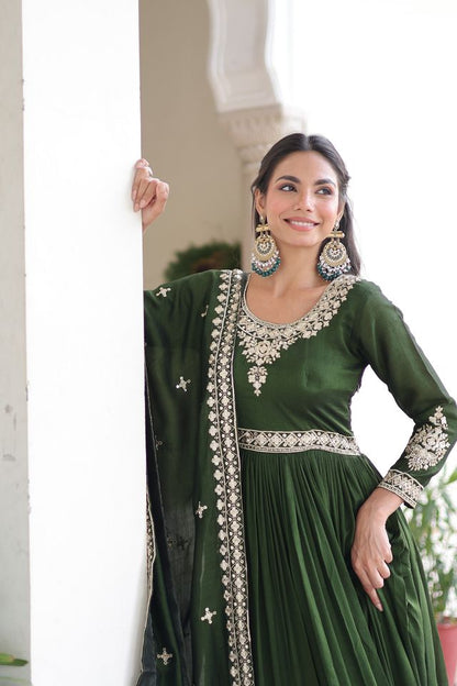 Green Color Heavy Embroidered Ethnic Beautiful Gown With Dupatta