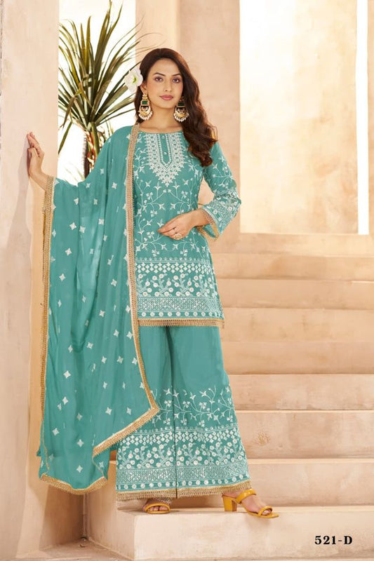 Aqua Blue Georgette All Over Cotton Thread & Sequins Work Palazzo Sets Size upto 44