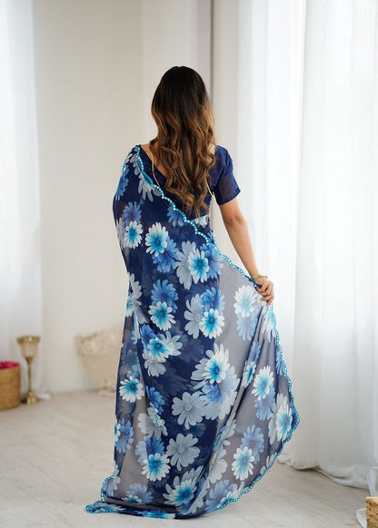 Blue Color Georgette Fabric Designer Printed Bollywood Style Saree