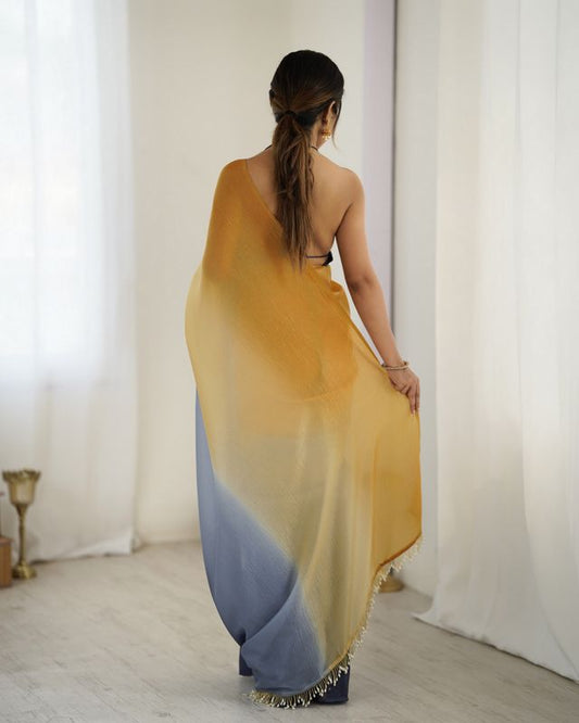 Designer Yellow-Grey Color Candy Crush Silk Fabric Stylish Pre Stitched Saree
