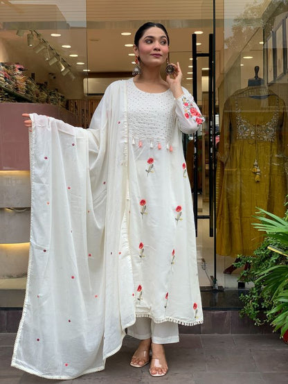 Off WhiteColor Chanderi Silk Fabric Designer Embroiderd Stitched Suit