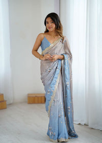 Chiku-Grey Color Beautiful Satin Chiffon Fabric Beautiful Stylish Saree