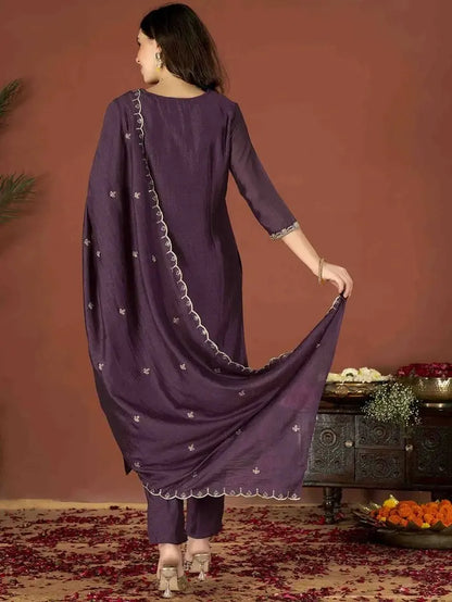 Women's Gorgeous Vichitra Fabric Embroidery Work Straight Kurta Pant and Dupatta Set  Wine