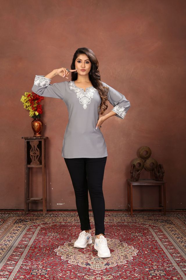 Grey Color Rinkal Cotton Fabric Formal Looking Casual Short Kurta
