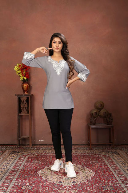Grey Color Rinkal Cotton Fabric Formal Looking Casual Short Kurta