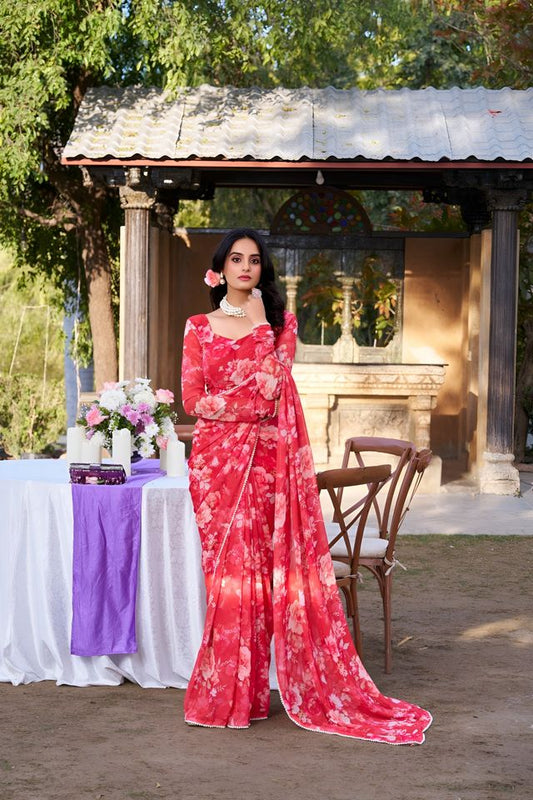 Red Color Georgette Fabric Beautiful Floral Printed Saree