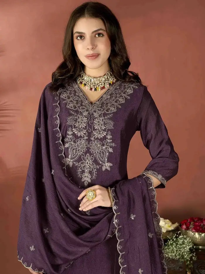 Women's Gorgeous Vichitra Fabric Embroidery Work Straight Kurta Pant and Dupatta Set  Wine