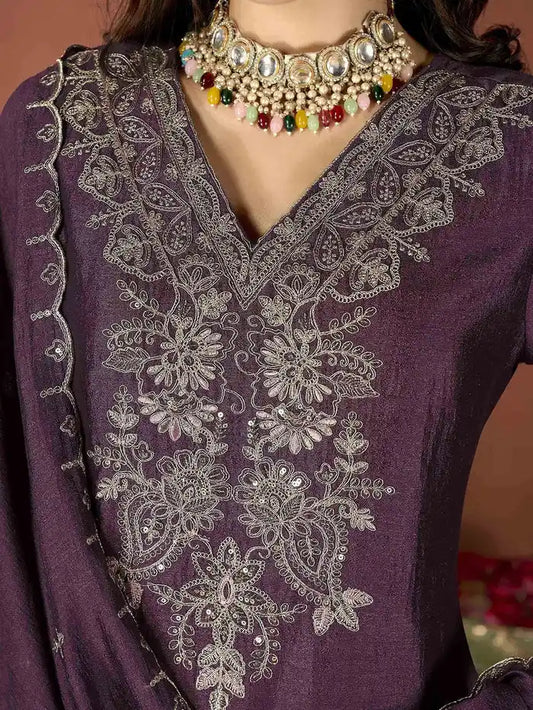 Women's Gorgeous Vichitra Fabric Embroidery Work Straight Kurta Pant and Dupatta Set  Wine