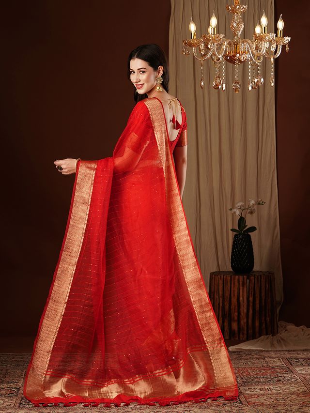 Red Color Girlie Organza Fabric Woven Jacquard Designer Saree