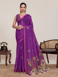 Purple Color Linen Silk Fabric Ethnic Partywear Saree