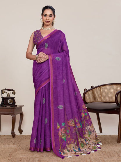 Purple Color Linen Silk Fabric Ethnic Partywear Saree