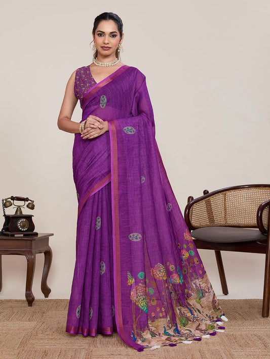 Purple Color Linen Silk Fabric Ethnic Partywear Saree