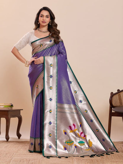 Lavender Color Soft Silk Fabric Woven Jari Designer Partywear Saree
