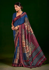 Navy Blue Color Gathan Silk Fabric Designer Digital Printed Partywear Saree