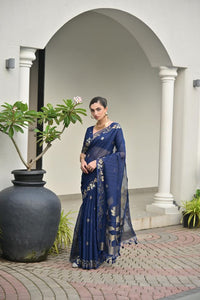 Blue Color Jute Linen Silk Fabric Beautiful Graceful Saree