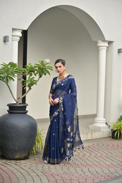 Blue Color Jute Linen Silk Fabric Beautiful Graceful Saree