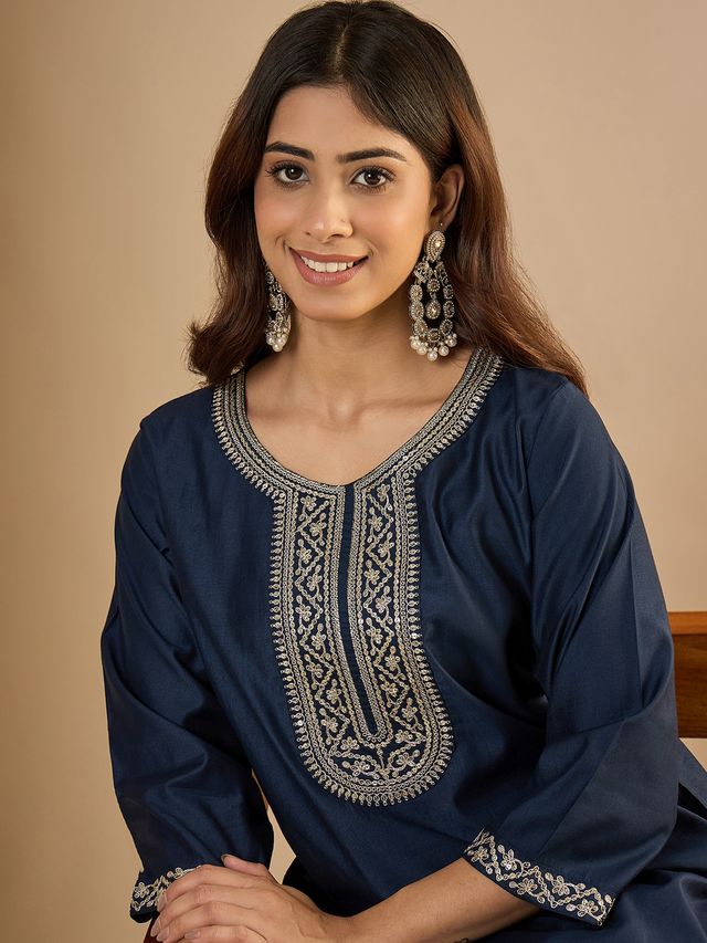 Navy Blue Color Trendy Formal Looking Classy Ethnic Kurta For Girl